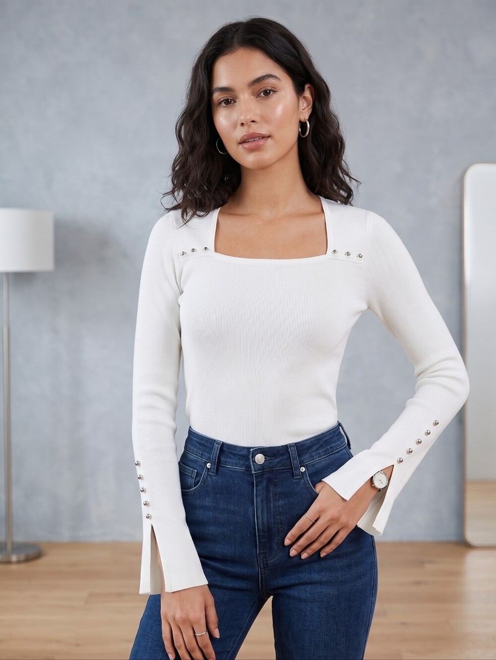 White House Black Market White Ribbed Long-Sleeve Top with Studs